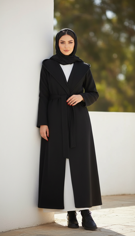 Long Wool Coat with Large Hood