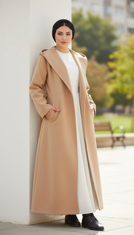 Long Wool Coat with Large Hood