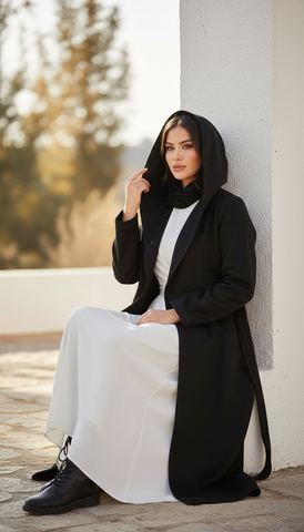 Long Wool Coat with Large Hood