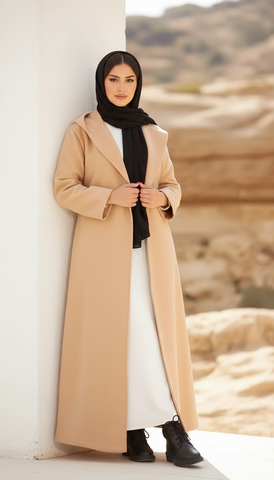 Long Wool Coat with Large Hood