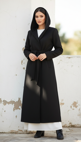 Long Wool Coat with Large Hood