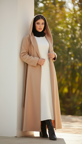 Long Wool Coat with Large Hood