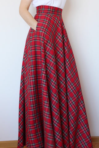 Red tartan maxi skirt Red plaid maxi skirt Red maxi skirt with pockets Red long skirt Red long plaid skirt Long woman skirt Maxi Skirt