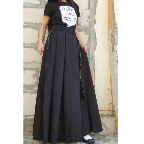 Long Flow Skirt with Pockets & Zipper – Soft Stretch Fabric, Wide Elastic Waist