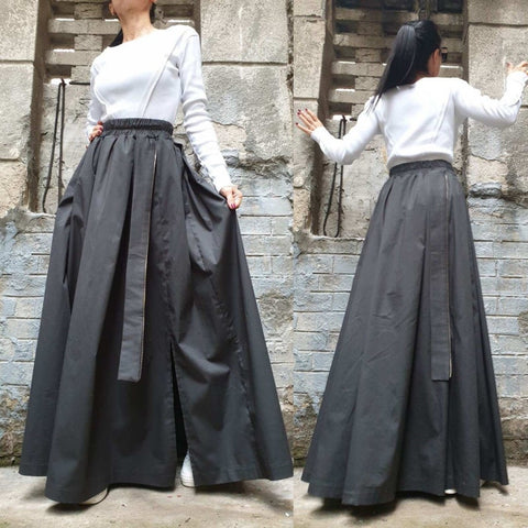 Long Flow Skirt with Pockets & Zipper – Soft Stretch Fabric, Wide Elastic Waist