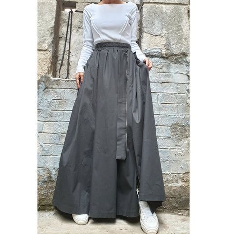 Long Flow Skirt with Pockets & Zipper – Soft Stretch Fabric, Wide Elastic Waist