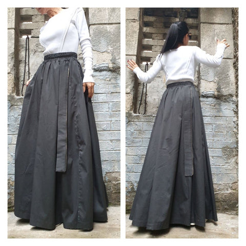Long Flow Skirt with Pockets & Zipper – Soft Stretch Fabric, Wide Elastic Waist