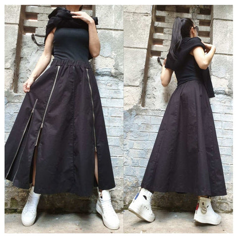 Gabardine Skirt with Metal Zipper & Wide Elastic Waist – Casual or Formal
