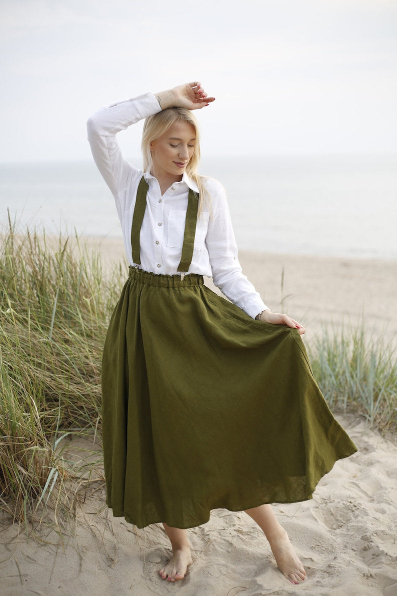 Long Flared Blended Linen Skirt with Anti-Wrinkle Finish and Adjustable Straps