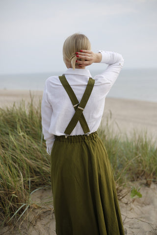 Long Flared Blended Linen Skirt with Anti-Wrinkle Finish and Adjustable Straps