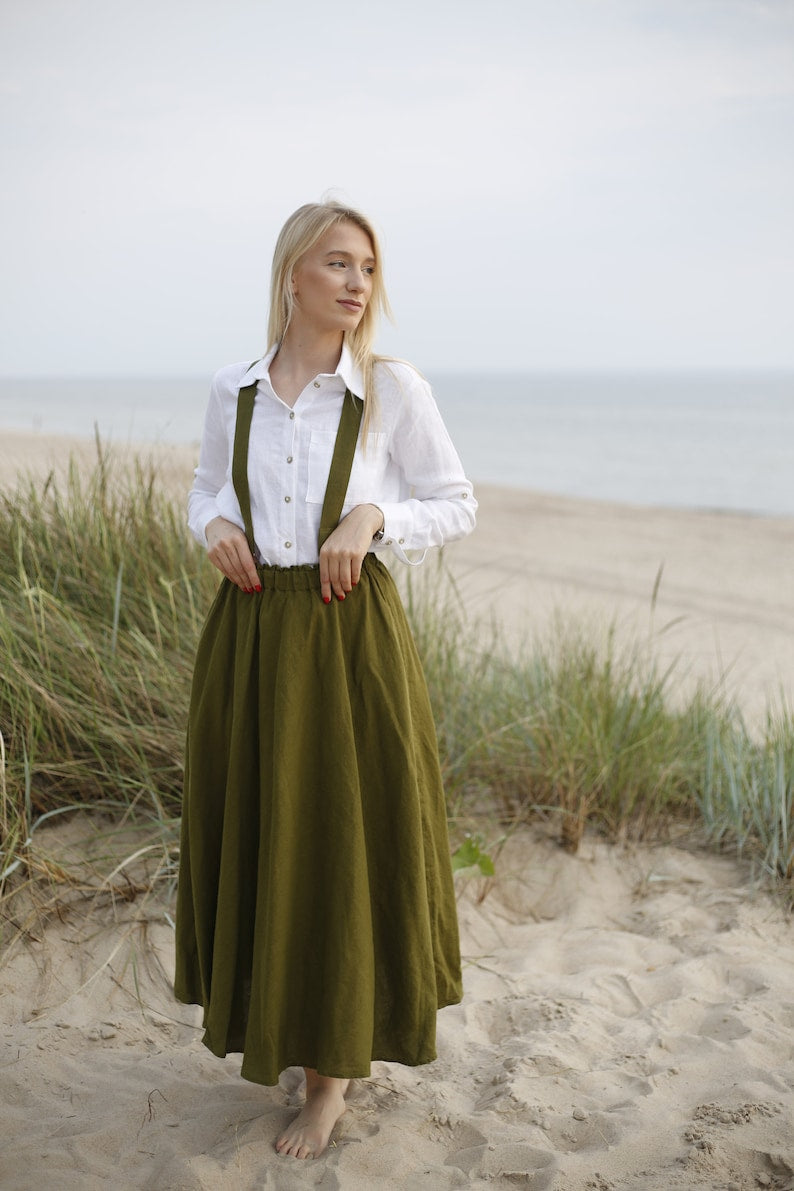 Long Flared Blended Linen Skirt with Anti-Wrinkle Finish and Adjustable Straps