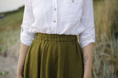 Long Flared Blended Linen Skirt with Anti-Wrinkle Finish and Adjustable Straps