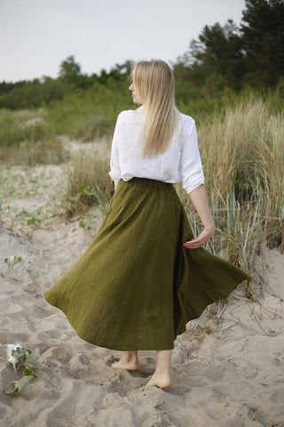 Long Flared Blended Linen Skirt with Anti-Wrinkle Finish and Adjustable Straps