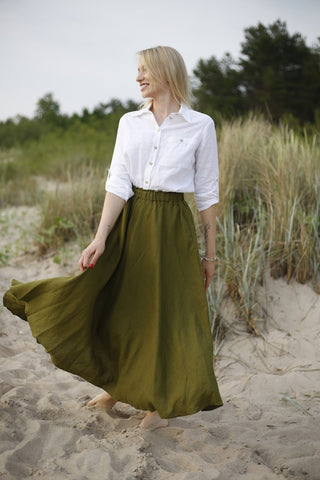 Long Flared Blended Linen Skirt with Anti-Wrinkle Finish and Adjustable Straps