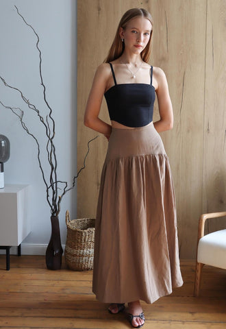 Dark Beige (Tahini) Wide-Waist Cloche Skirt with Zipper – All Sizes