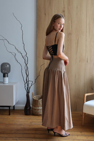 Dark Beige (Tahini) Wide-Waist Cloche Skirt with Zipper – All Sizes