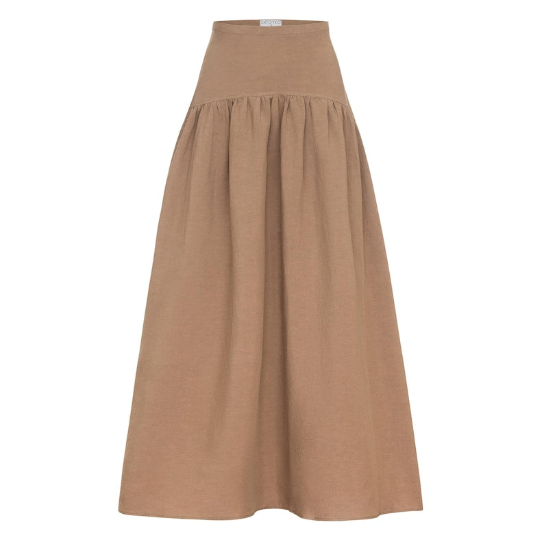 Dark Beige (Tahini) Wide-Waist Cloche Skirt with Zipper – All Sizes