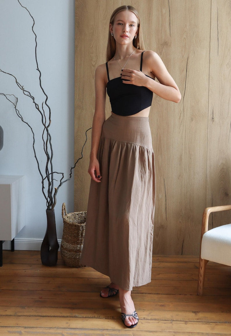 Dark Beige (Tahini) Wide-Waist Cloche Skirt with Zipper – All Sizes