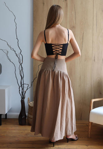 Dark Beige (Tahini) Wide-Waist Cloche Skirt with Zipper – All Sizes