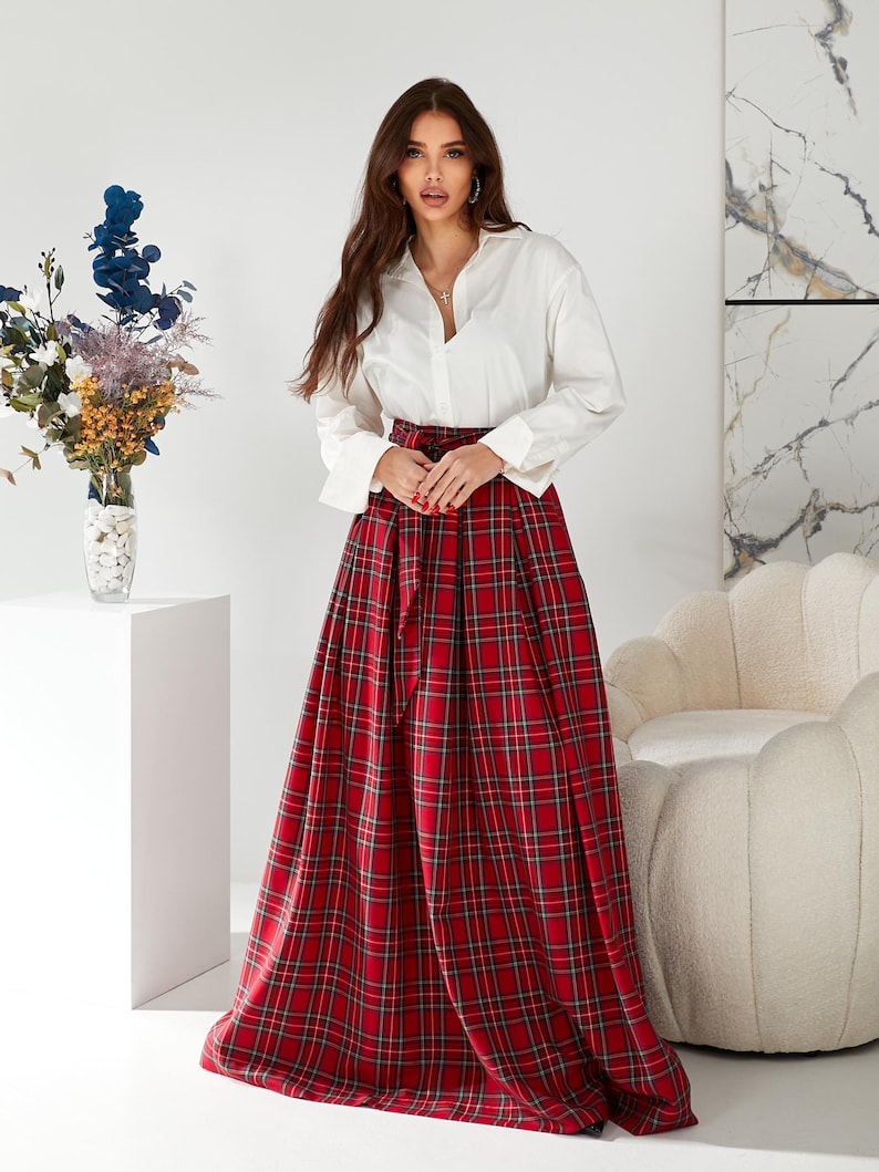 Red tartan long skirt Red plaid maxi skirt with pockets Red long skirt woman
