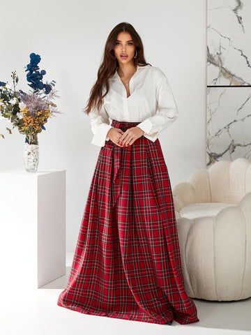 Red tartan long skirt Red plaid maxi skirt with pockets Red long skirt woman