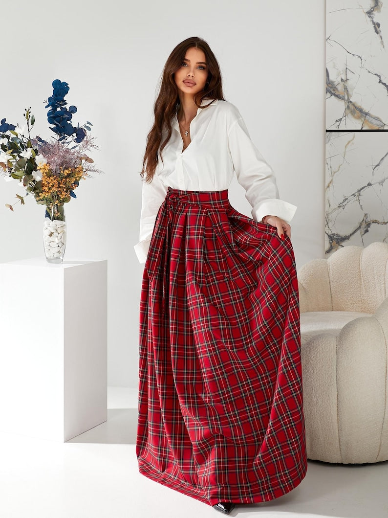 Red tartan long skirt Red plaid maxi skirt with pockets Red long skirt woman