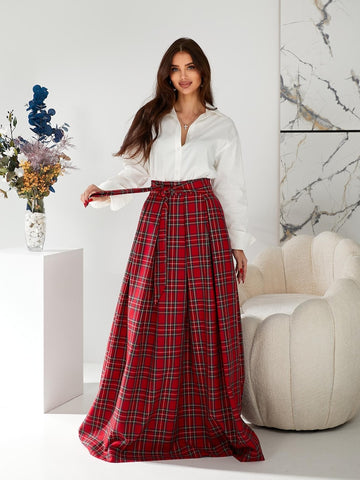Red tartan long skirt Red plaid maxi skirt with pockets Red long skirt woman