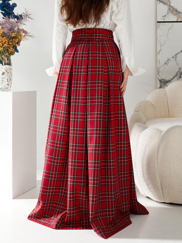 Red tartan long skirt Red plaid maxi skirt with pockets Red long skirt woman