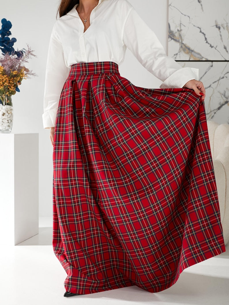 Red tartan long skirt Red plaid maxi skirt with pockets Red long skirt woman