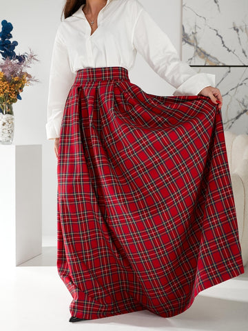 Red tartan long skirt Red plaid maxi skirt with pockets Red long skirt woman