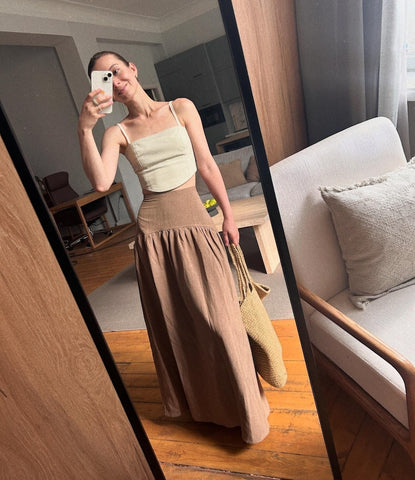 Dark Beige (Tahini) Wide-Waist Cloche Skirt with Zipper – All Sizes