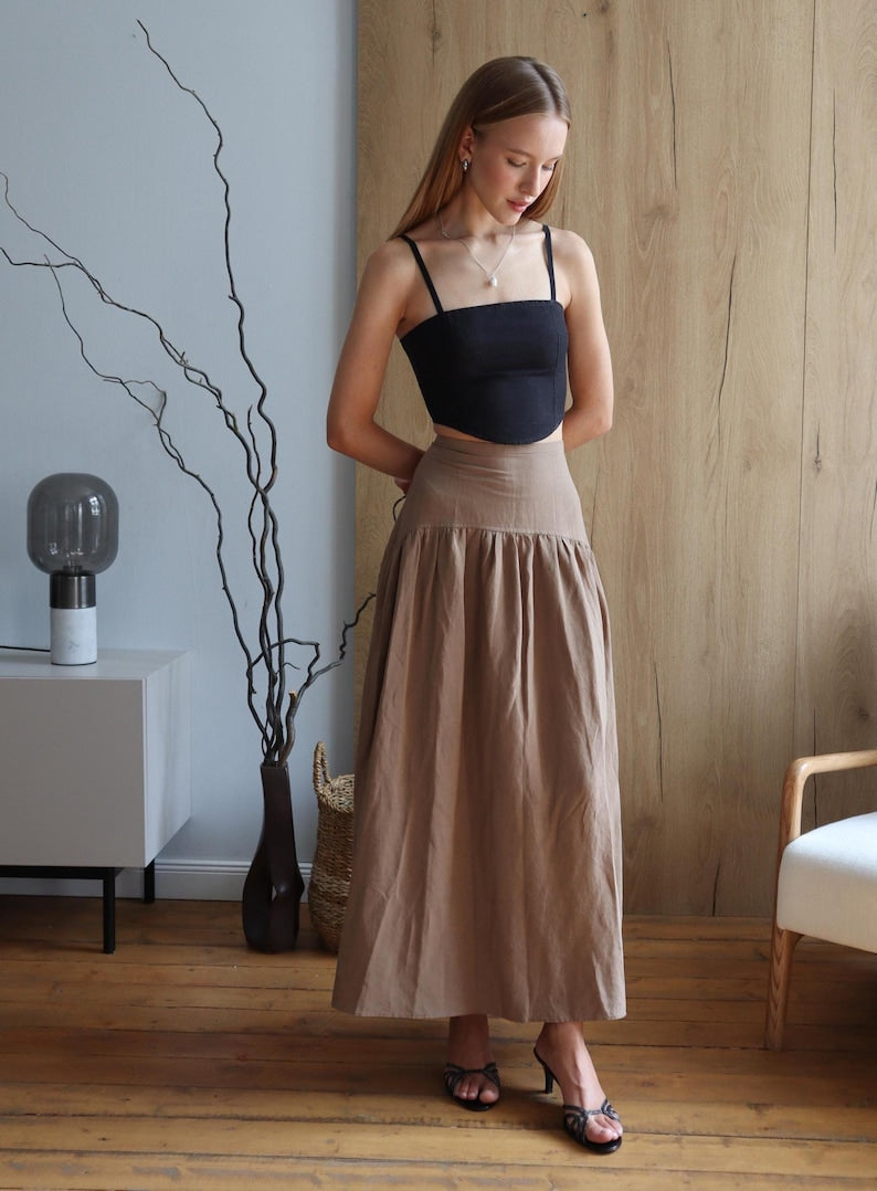 Dark Beige (Tahini) Wide-Waist Cloche Skirt with Zipper – All Sizes