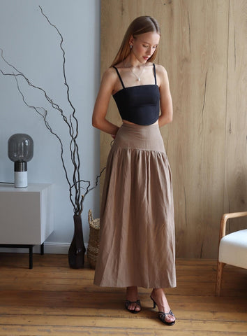 Dark Beige (Tahini) Wide-Waist Cloche Skirt with Zipper – All Sizes