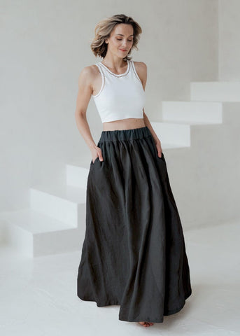 Long Cloche Skirt with Pockets – Soft Cotton-Linen Blend, Elegant & Comfortable