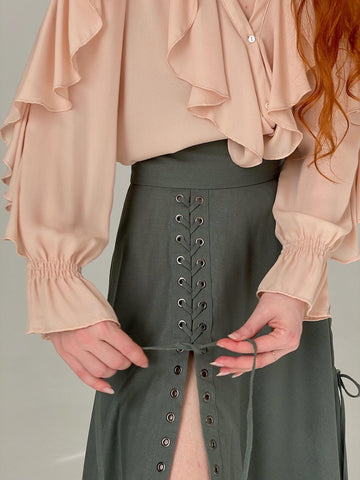 Rosaline Cotton Lycra Cloche Skirt with Side Slits & Adjustable Waist – Army, Black & Chocolate Brown