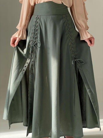 Rosaline Cotton Lycra Cloche Skirt with Side Slits & Adjustable Waist – Army, Black & Chocolate Brown