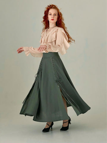 Rosaline Cotton Lycra Cloche Skirt with Side Slits & Adjustable Waist – Army, Black & Chocolate Brown