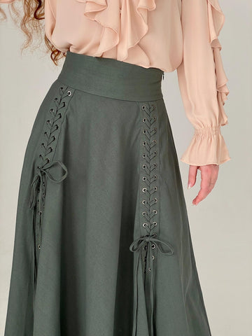 Rosaline Cotton Lycra Cloche Skirt with Side Slits & Adjustable Waist – Army, Black & Chocolate Brown