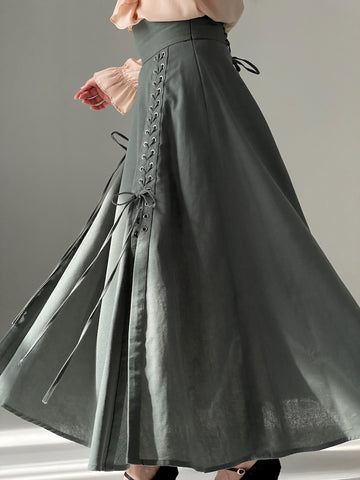 Rosaline Cotton Lycra Cloche Skirt with Side Slits & Adjustable Waist – Army, Black & Chocolate Brown