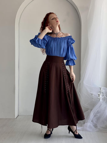 Rosaline Cotton Lycra Cloche Skirt with Side Slits & Adjustable Waist – Army, Black & Chocolate Brown