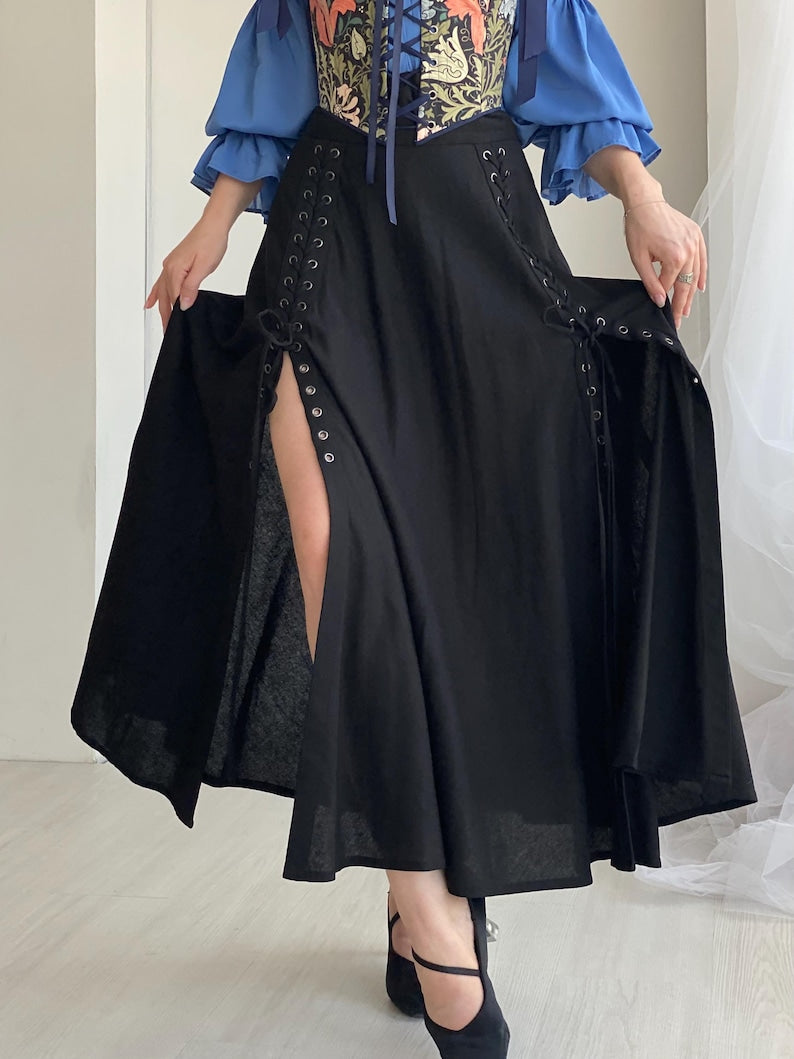 Rosaline Cotton Lycra Cloche Skirt with Side Slits & Adjustable Waist – Army, Black & Chocolate Brown