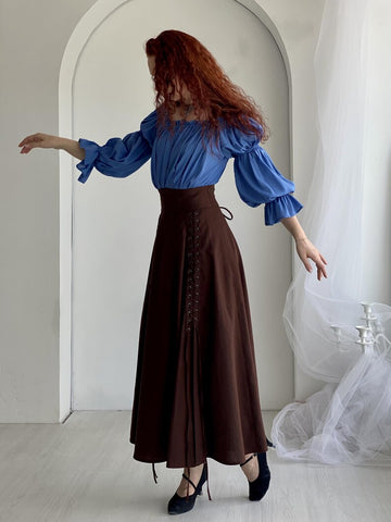 Rosaline Cotton Lycra Cloche Skirt with Side Slits & Adjustable Waist – Army, Black & Chocolate Brown