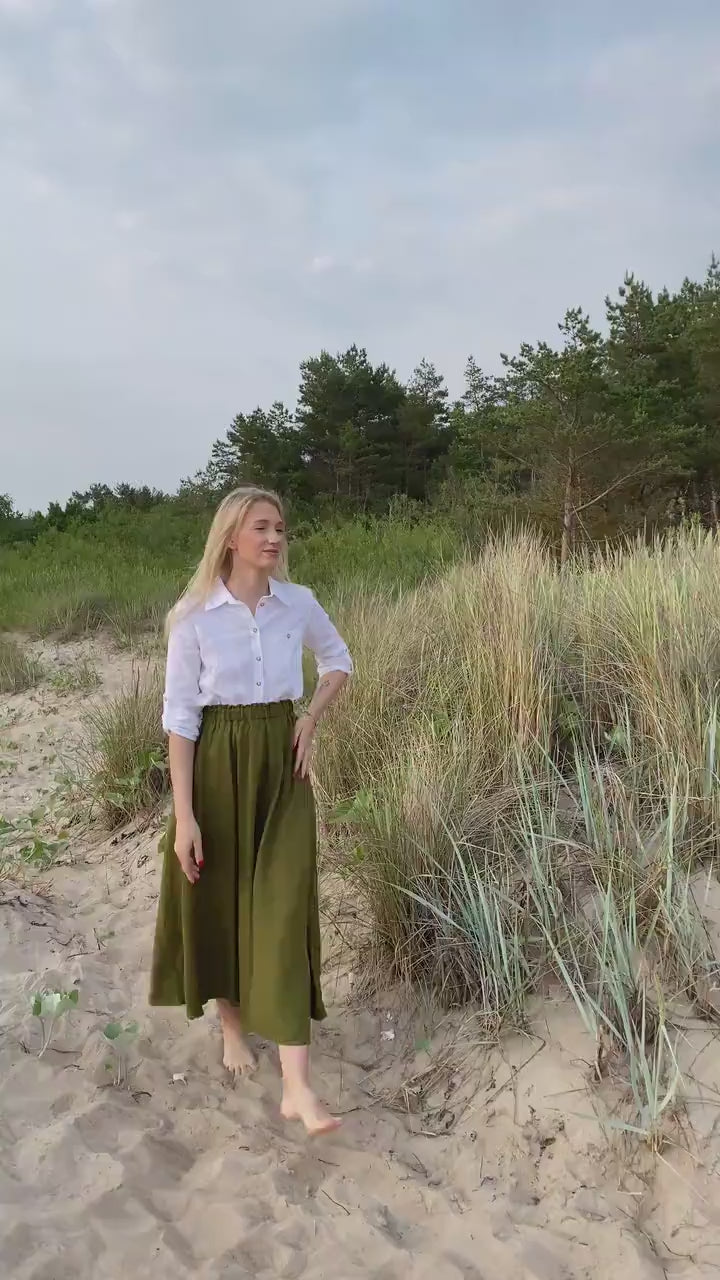 Long Flared Blended Linen Skirt with Anti-Wrinkle Finish and Adjustable Straps