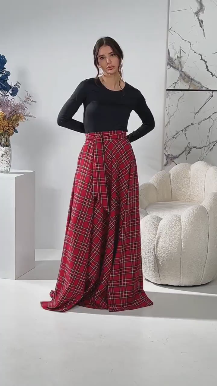 Red tartan maxi skirt Red plaid maxi skirt Red maxi skirt with pockets Red long skirt Red long plaid skirt Long woman skirt Maxi Skirt
